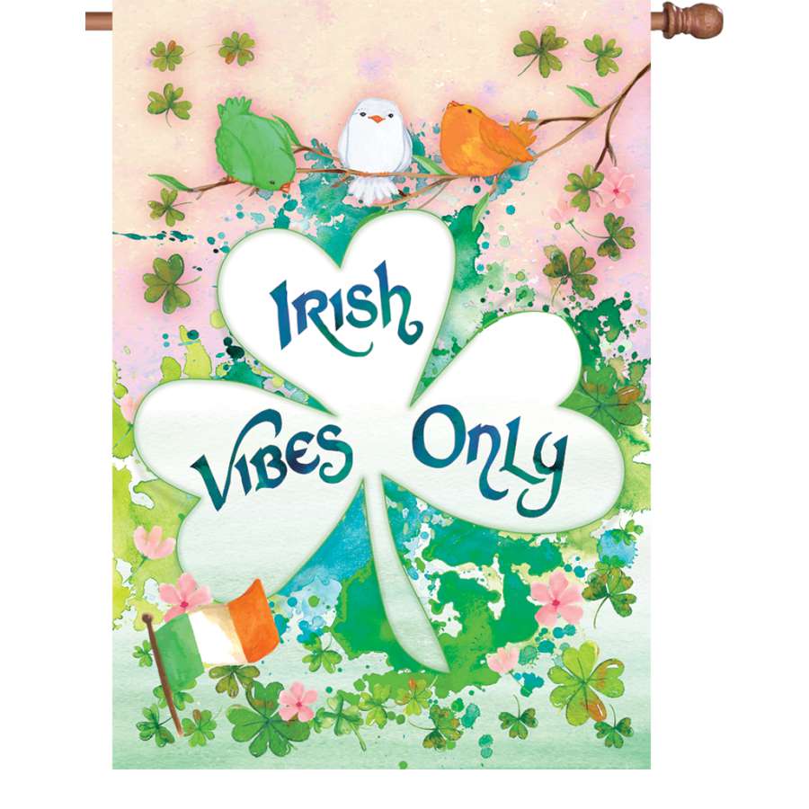 28 in. Irish Vibes Only flag displayed outdoors, vibrant design readable from both sides, made of soft fabric swaying in the wind.