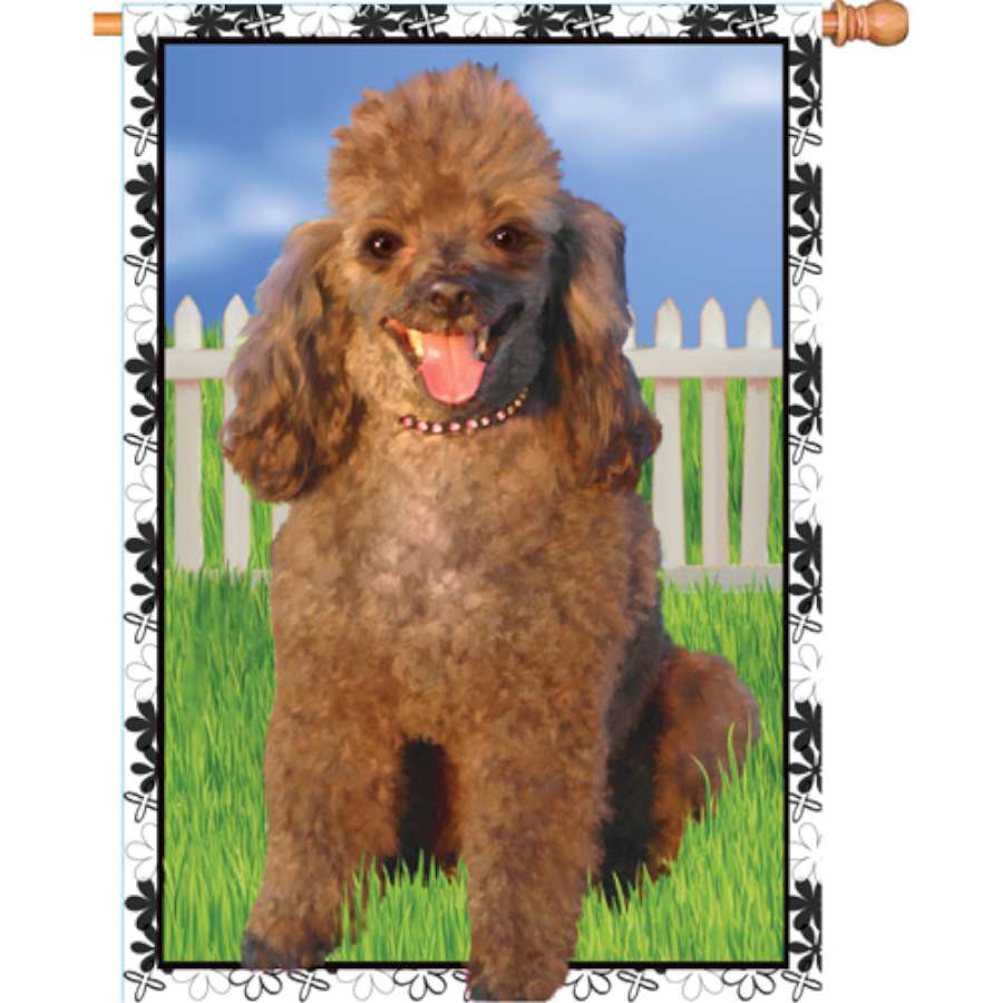 28 in. Jenna Poodle house flag with illuminated autumn design featuring a playful poodle, decoratively displayed outdoors.