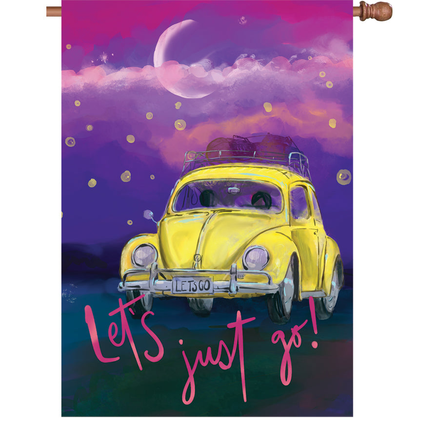 28 in. Let's Just Go flag featuring a Volkswagen Beetle and fireflies under a starlit sky displayed outdoors, emphasizing summer charm.
