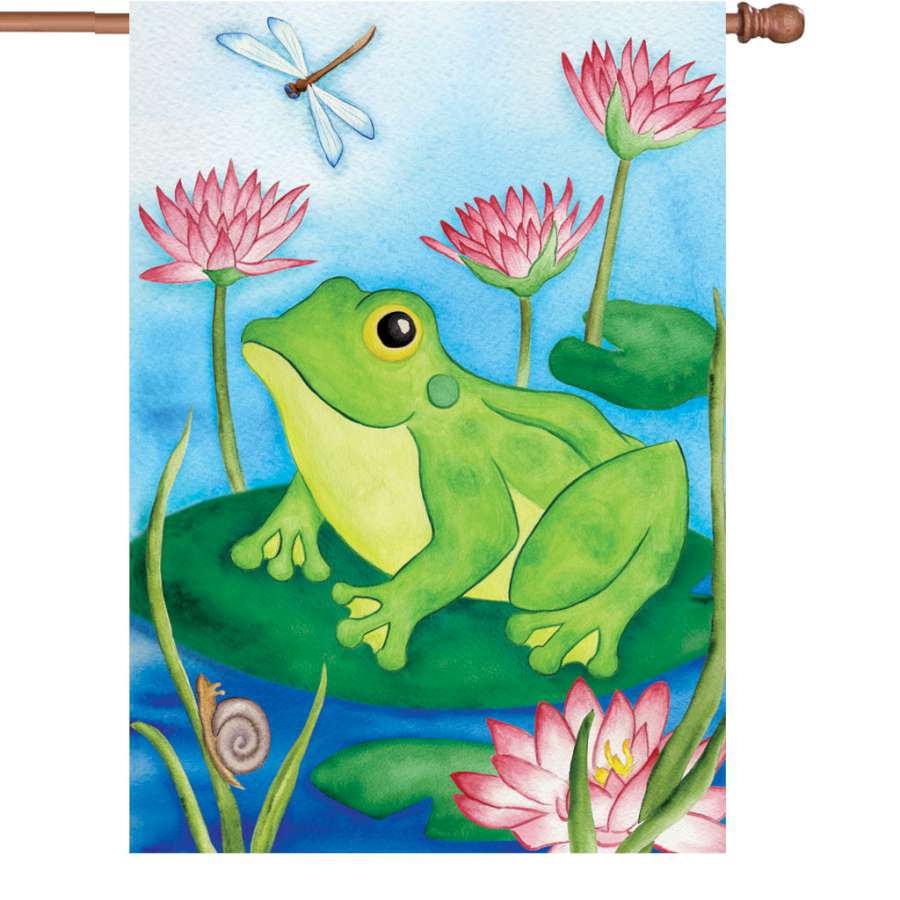 28 in. Lotus Frog flag featuring detailed frog design and colorful lotus flowers, displayed on a flagpole in a lush garden setting.