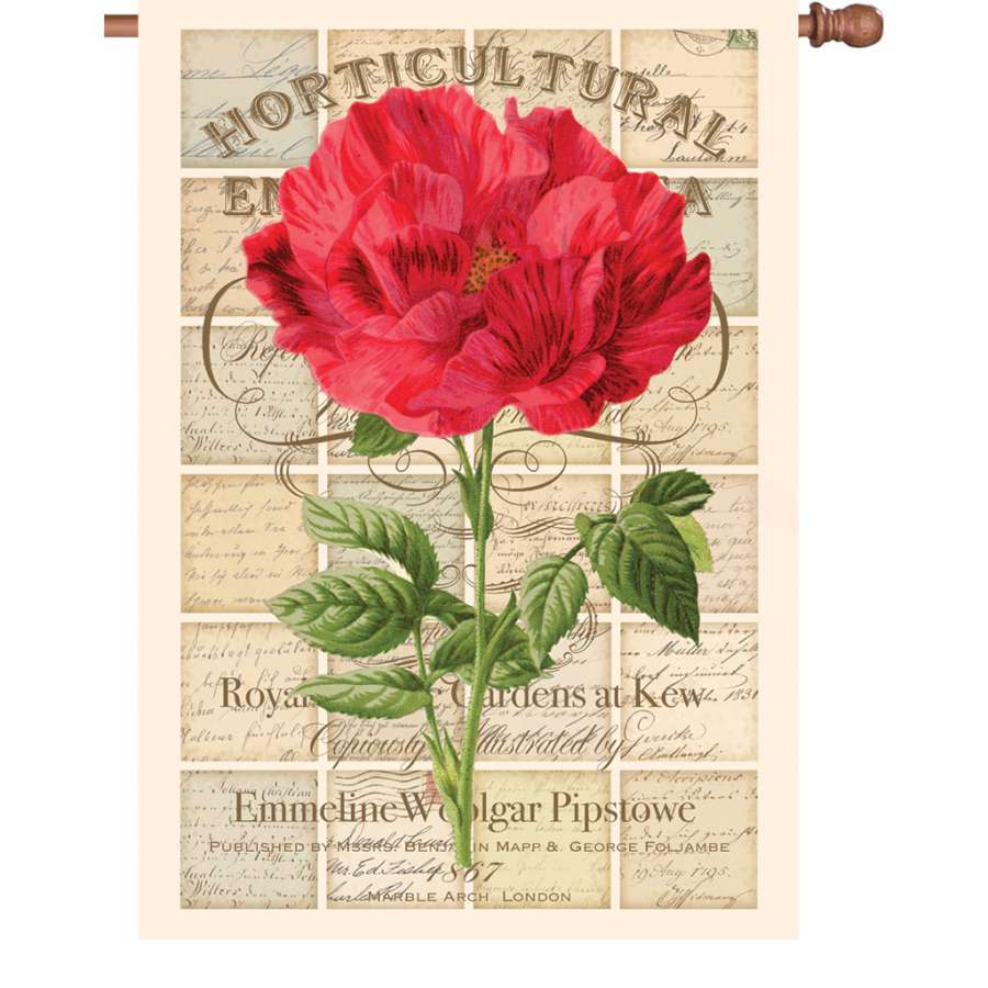 28-inch Love Letter Rose house flag featuring vibrant rose design, displayed gracefully on a flag pole in a garden setting.