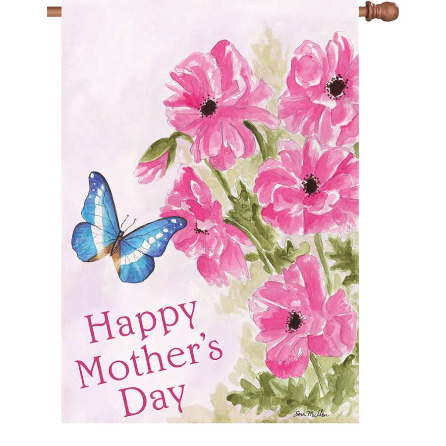 28 in. Mother's Day Bouquet garden flag measuring 28 x 40 inches, with colorful floral design and 'Happy Mother's Day' text visible from both sides.