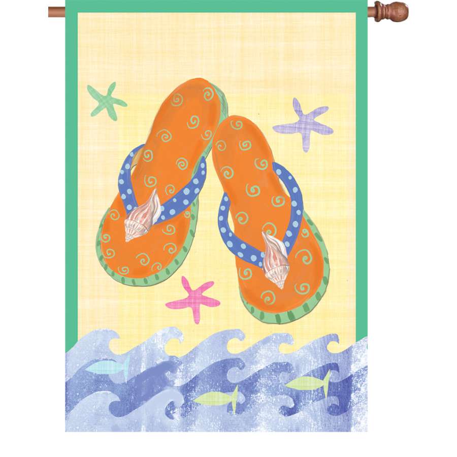 28 in. illuminated flag featuring colorful flip flops, displayed outdoors, radiating cheerful summer energy in a sunny garden.
