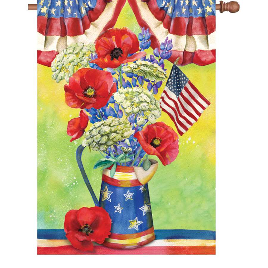 28 in. Flag - Patriotic Bouquet with vibrant colors, displayed on a flag pole in a garden setting, illuminated for evening glow.