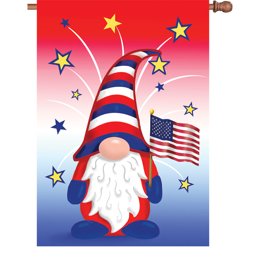 28 in. Patriotic Gnome flag made of durable polyester with vibrant colors, showcasing a fun gnome design in a garden setting.