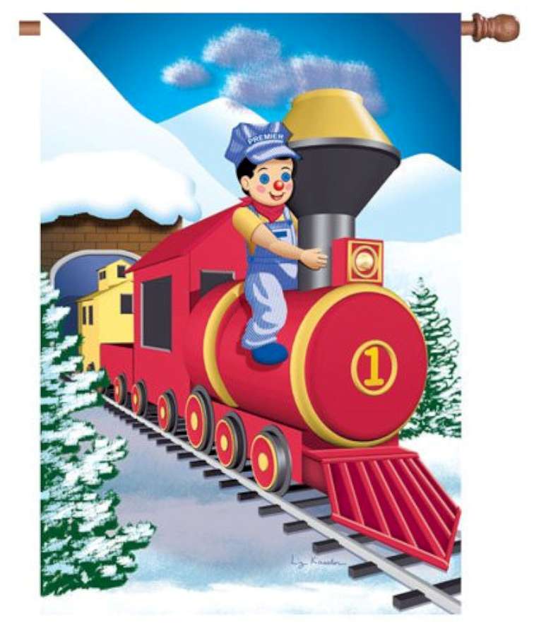 28 in. Polar Express house flag featuring a colorful winter scene displayed on a flagpole outside a home in a festive setting.