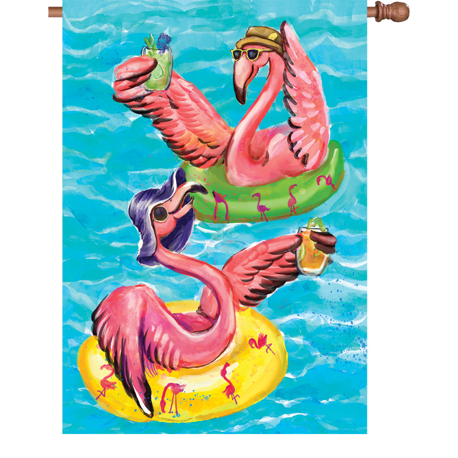 28 in. Poolside Flamingos flag made from durable polyester, showcasing bright flamingo designs in a colorful outdoor setting.