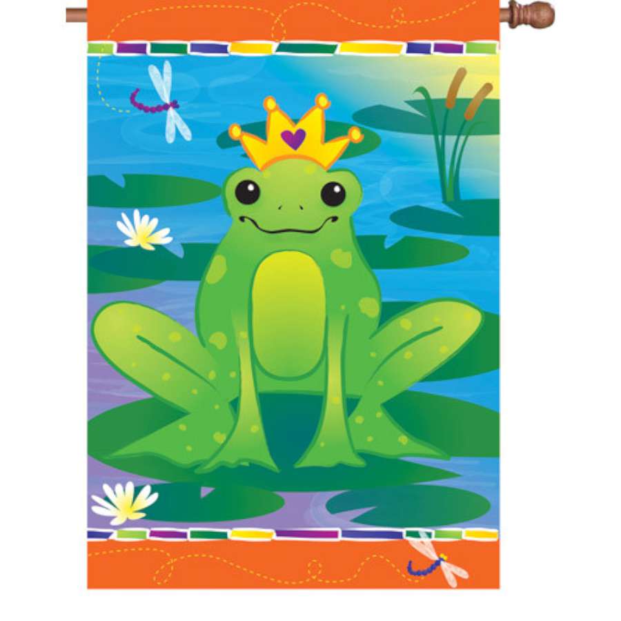 28 in. Prince Charming garden flag with whimsical design displayed on a flag stand in a garden setting.
