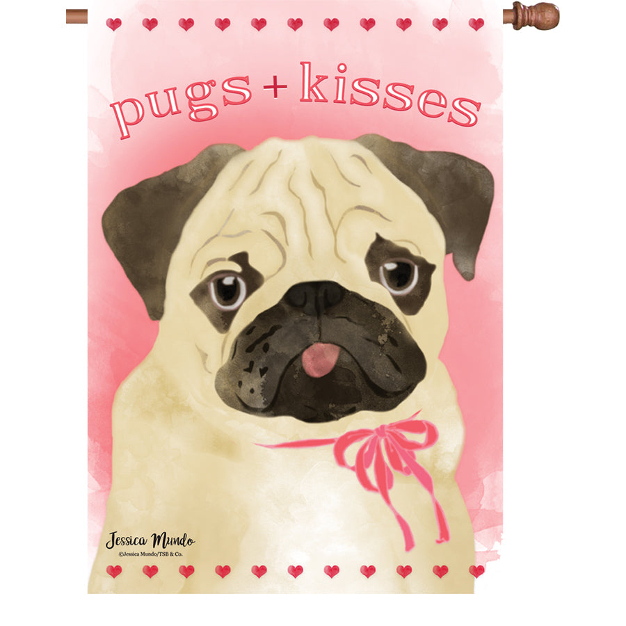 28 in. Pugs & Kisses house flag featuring a tan pug design and playful text, displayed on a garden flag stand in a vibrant outdoor setting.