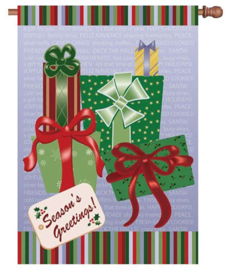 28 in. Season's Greetings flag with vibrant winter designs, displayed on a flagpole in an outdoor setting, ready for the holiday season.