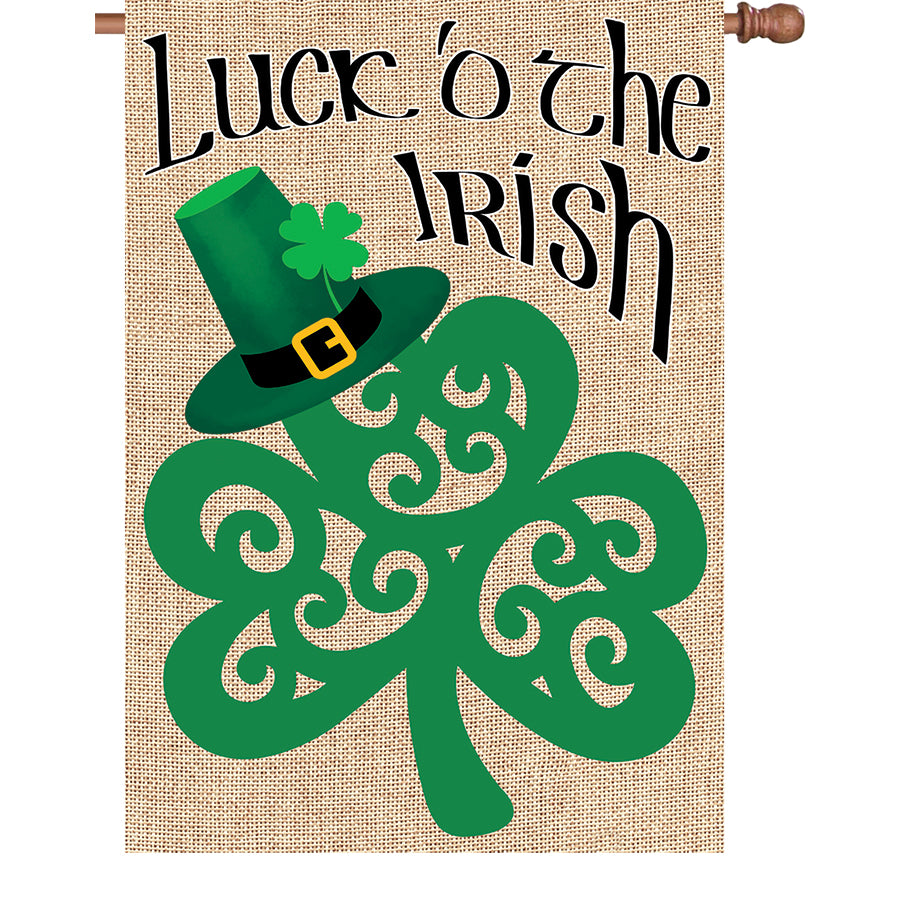 28 in. Shamrock flag designed for outdoor display, showcasing a vibrant shamrock on a printed burlap background as it sways in the wind.