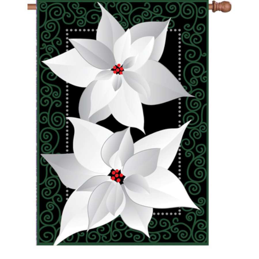 28 in. Silver Poinsettia flag featuring an elegant floral design displayed on a flagpole in a winter outdoor setting.