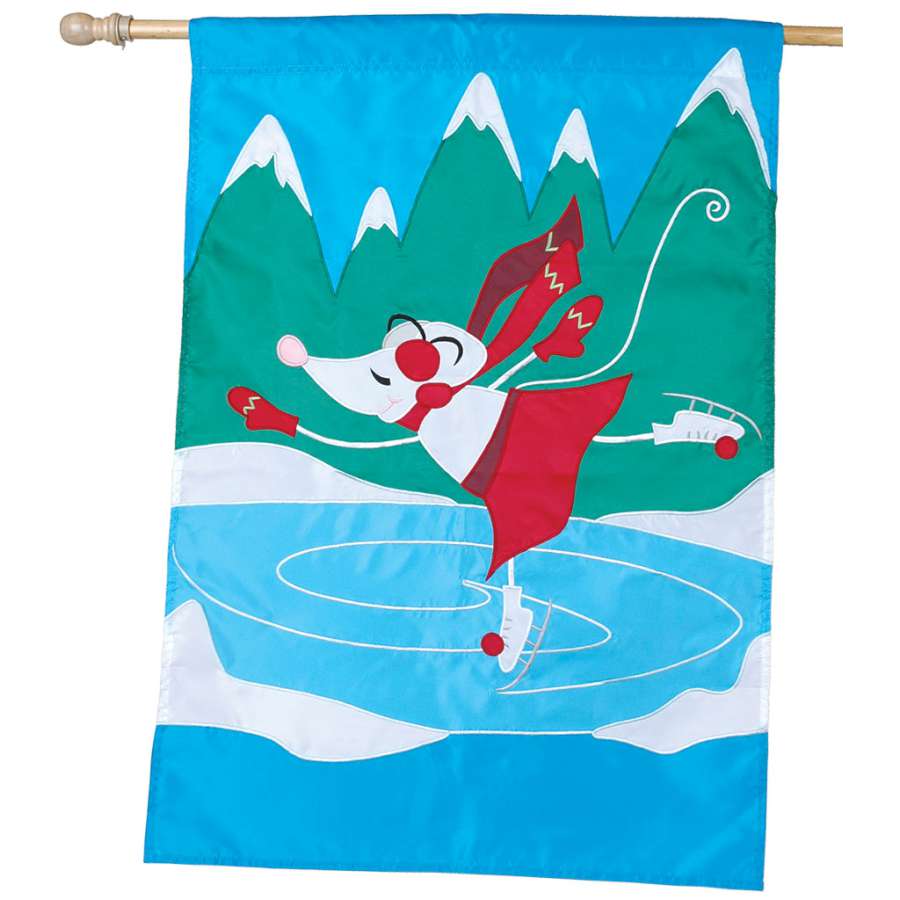 28 in. Snow Princess flag featuring vibrant applique design and glitter accents displayed outdoors on a flag stand in a winter setting.