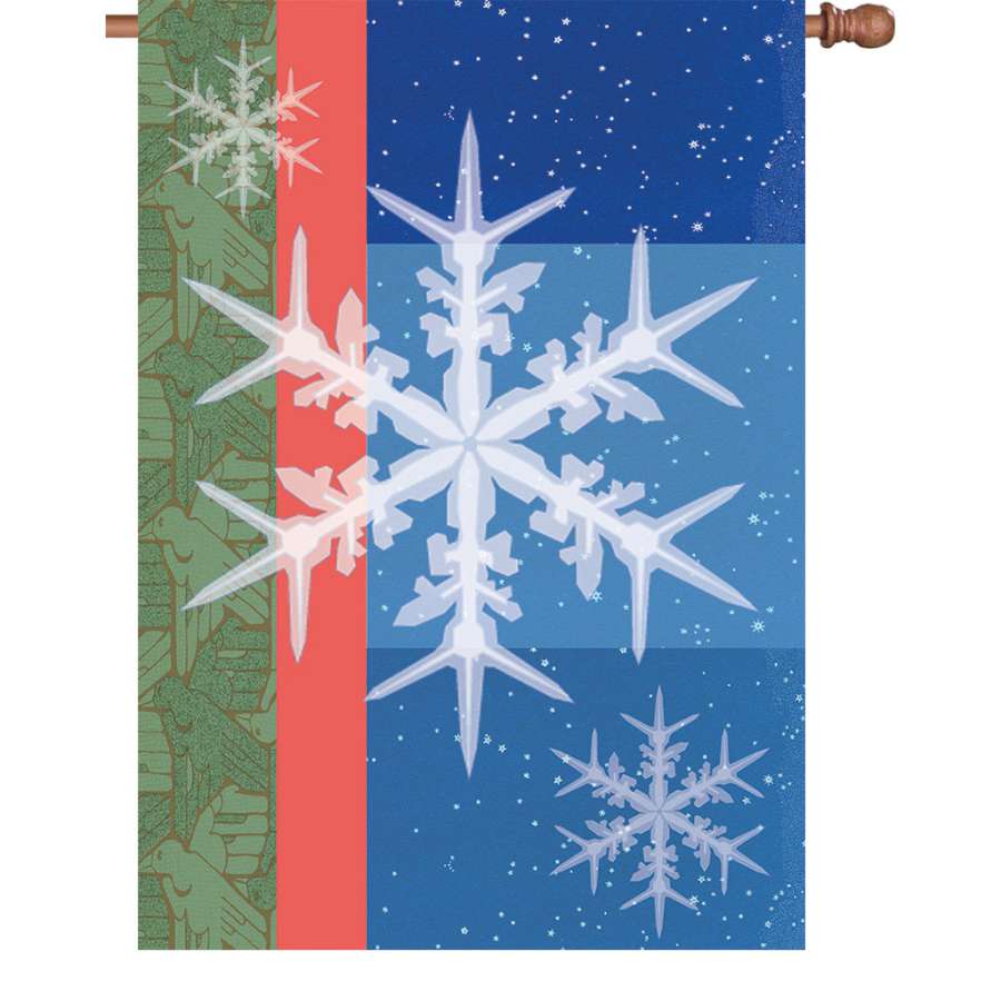 28 in. illuminated Snowflakes flag made from durable polyester, brightly displaying intricate snowflake designs for winter decor.