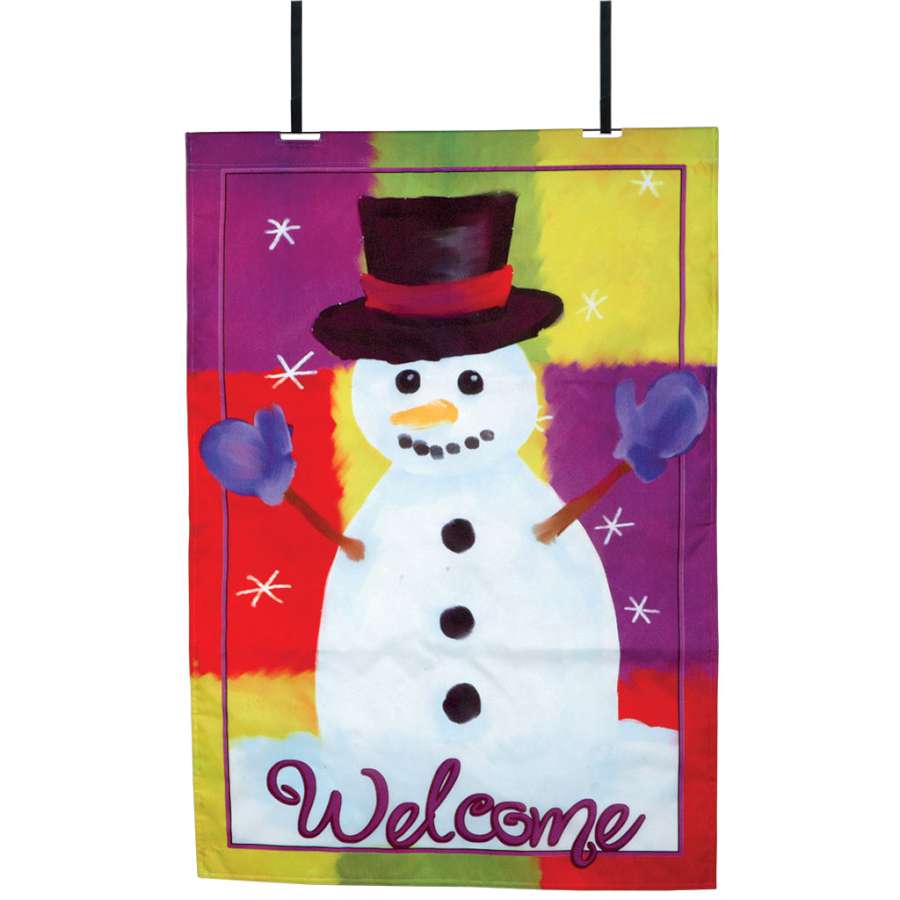 28 in. illuminated Snowman Flag with vibrant fiber optic lights displayed on a front door, creating a festive holiday atmosphere.