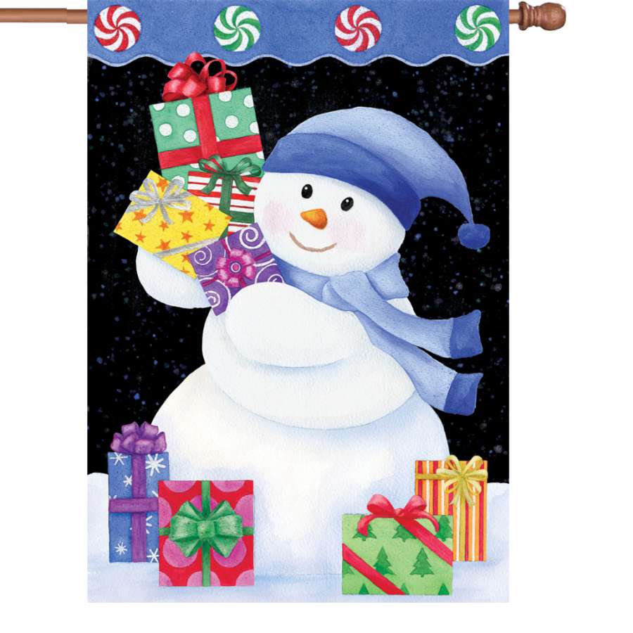 28 in. Snowman Presents flag displaying a happy snowman surrounded by colorful gifts, designed for outdoor winter decoration.
