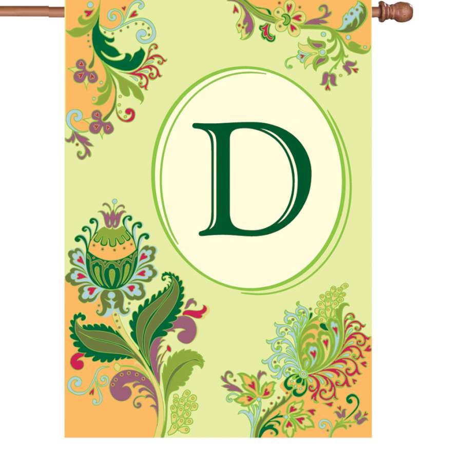 28 in. Spring Monogram Flag - D displaying an elegant embroidered letter 'D' on a vibrant background, perfect for outdoor settings.