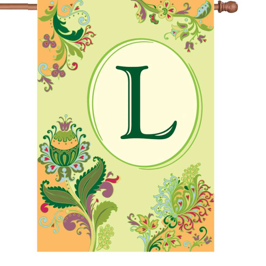 28 in. Spring Monogram Flag - L showcasing a beautifully embroidered monogram on a vibrant background, perfect for outdoor display.