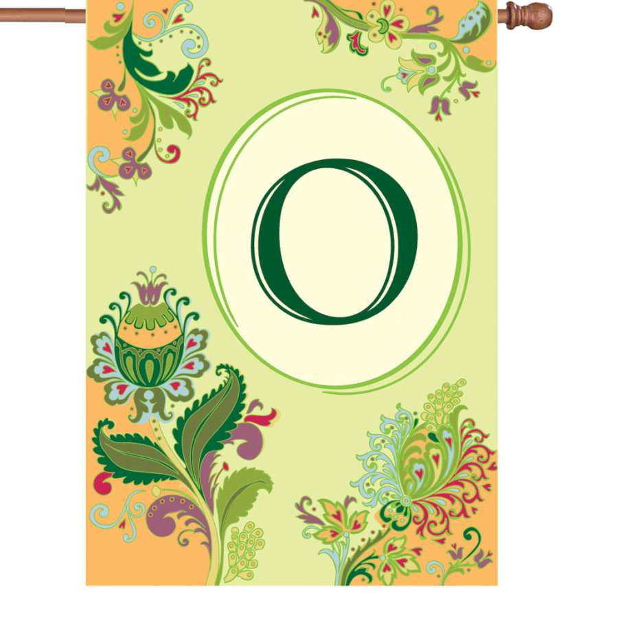 28 in. Spring Monogram Flag - O featuring a vibrant design of the letter 'O' displayed in a garden setting, enhancing outdoor decor.