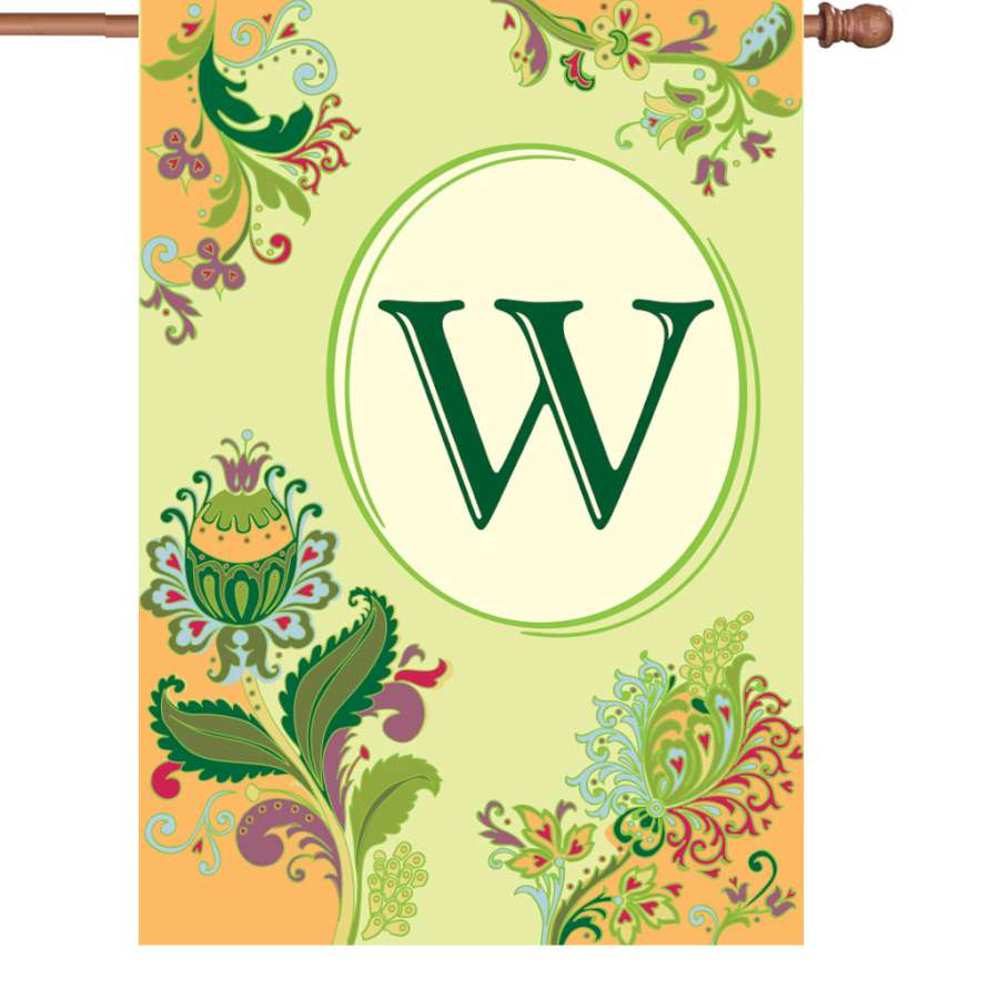 28 in. Spring Monogram Flag - W with floral design displayed on a porch, showcasing the personalized letter W in a vibrant spring setting.