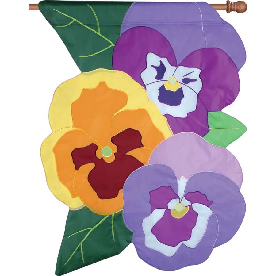 28 in. Spring Pansies Flag with vibrant pansy design displayed on an outdoor flag stand, brightening a garden setting.