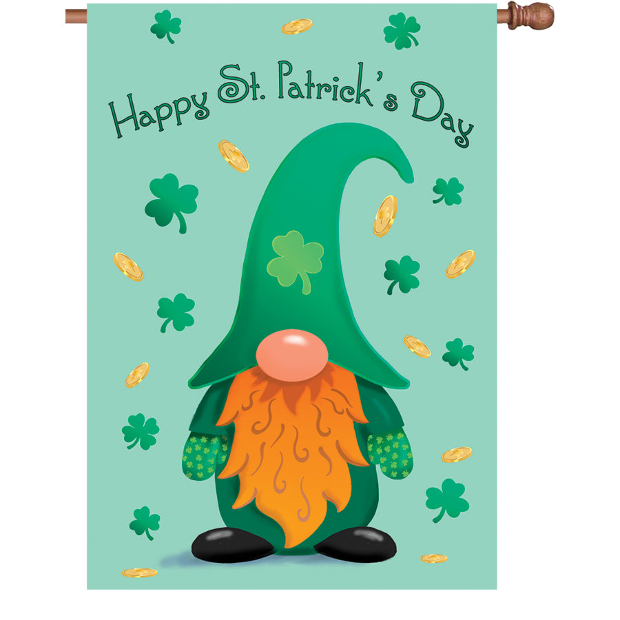 28-inch St. Patrick's Day flag featuring a charming gnome and shamrocks, designed for outdoor display, made from PremierSoft fabric.