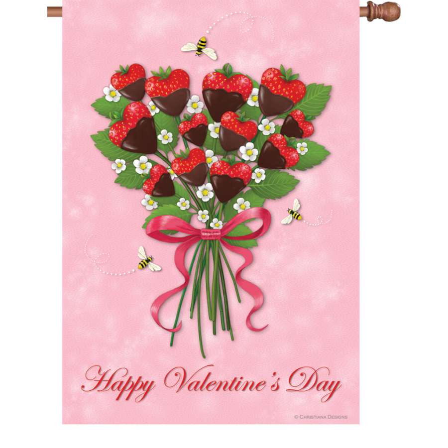 28 in. Strawberry Bouquet house flag made of PremierSoft fabric with 'Happy Valentine's Day' displayed on a garden flagpole in outdoor setting.
