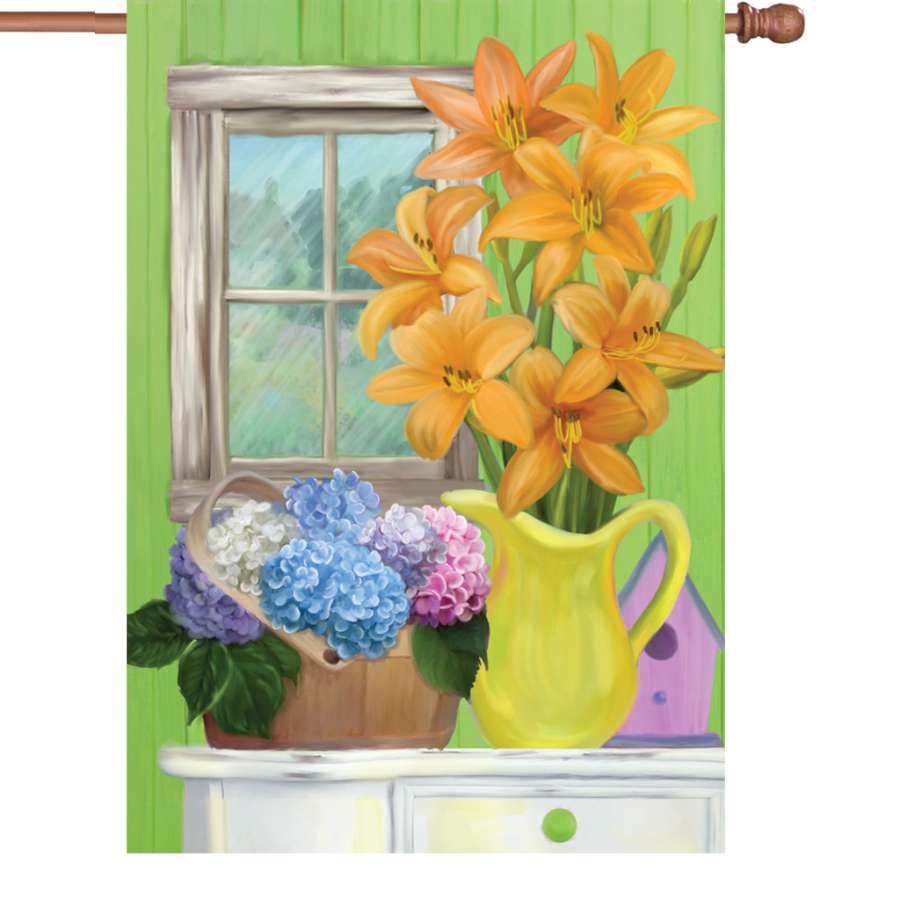 28 in. illuminated Summer Flowers flag displaying a colorful floral design, perfect for outdoor decor in a garden or on a porch.