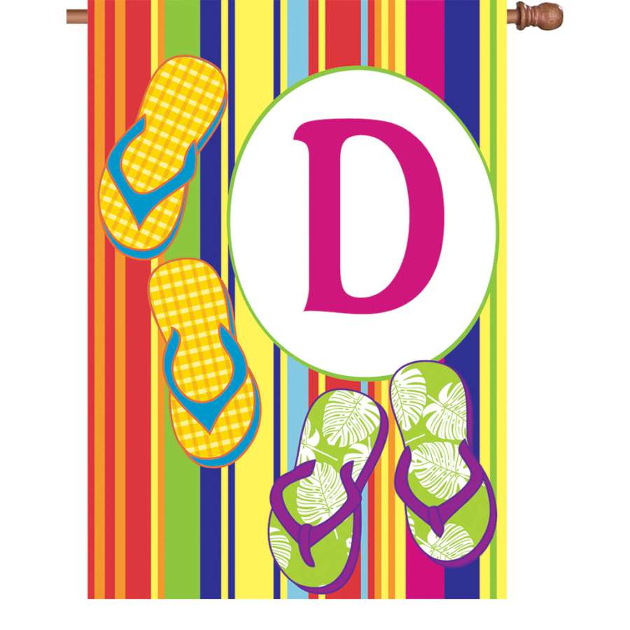 28-inch Summer Monogram Flag featuring the letter 'D', showcasing bright colors and top-stitching displayed outdoors.