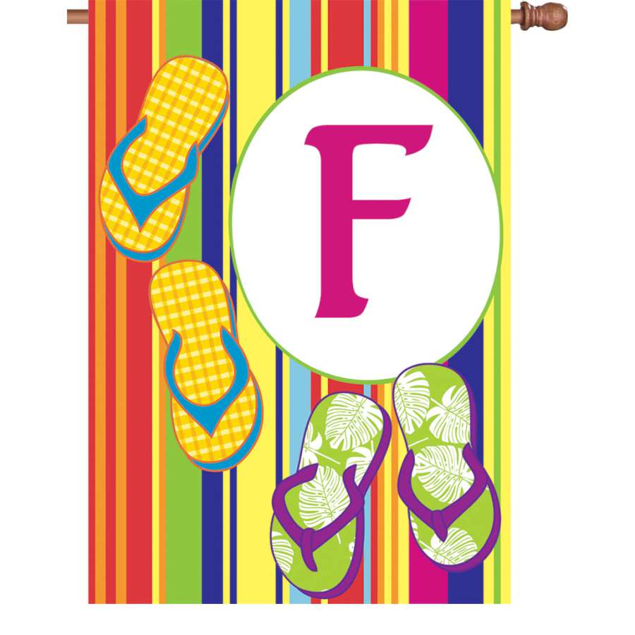 28 in. Summer Monogram Flag - F displaying an elegant initial in vibrant colors, enhancing the outdoor decor of a garden or patio setting.