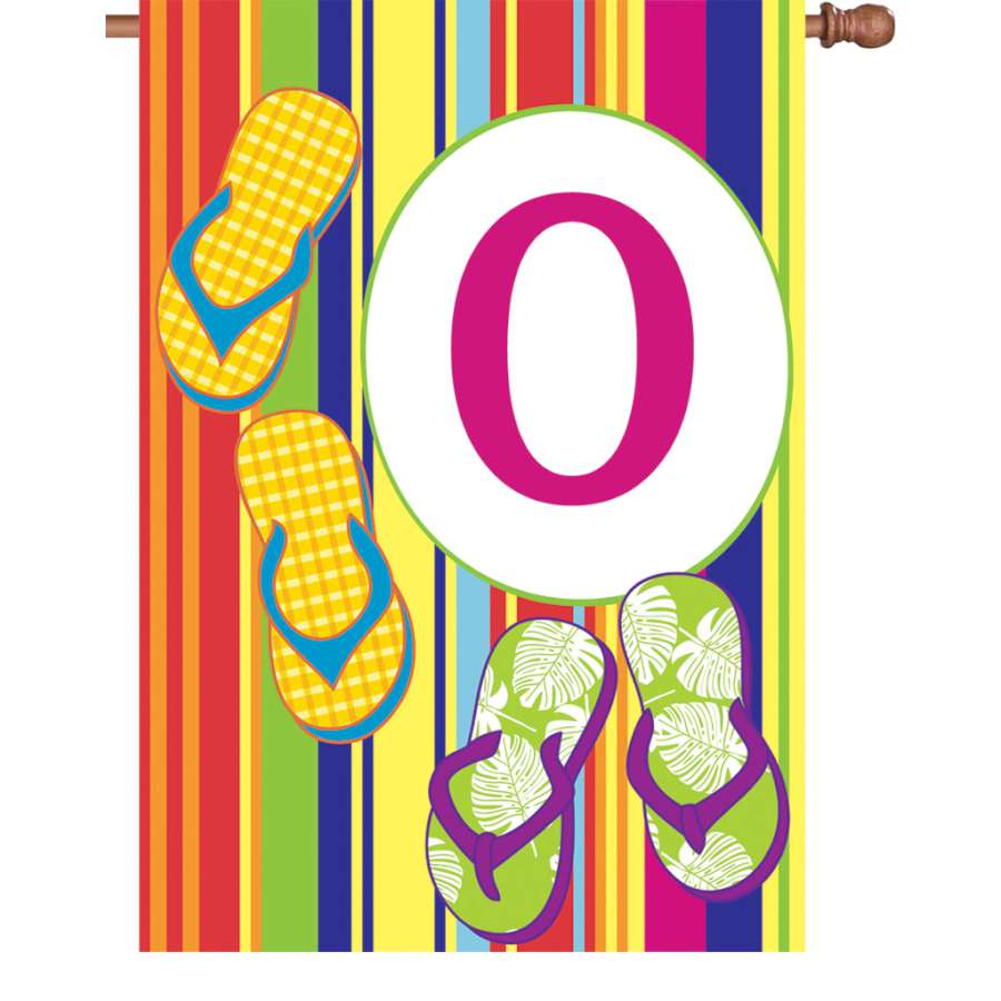 28 in. Summer Monogram Flag - O hanging outdoors, featuring a vibrant monogram on a bright background, fluttering in the summer breeze.