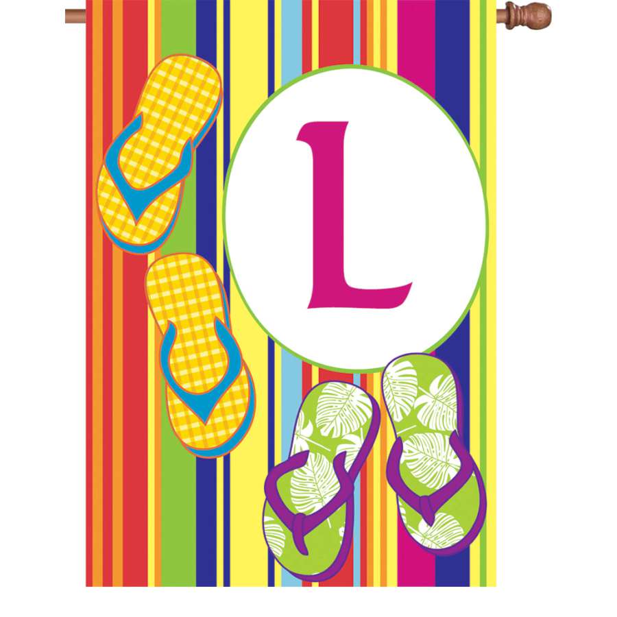 28 in. Summer Monogram Flag displayed outdoors, showcasing a vibrant, personalized monogram design with top-stitching for durability.