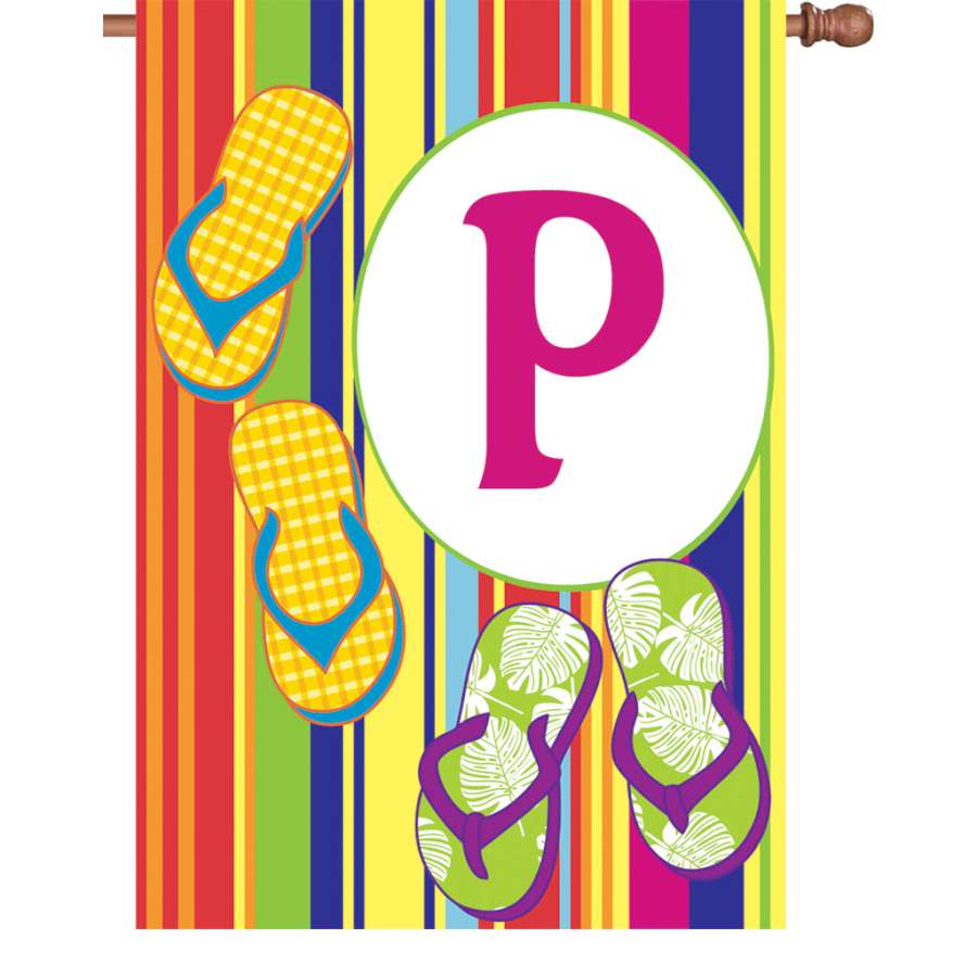 28 in. Summer Monogram Flag - P with vibrant colors displaying the letter 'P' hanging elegantly in a garden setting.