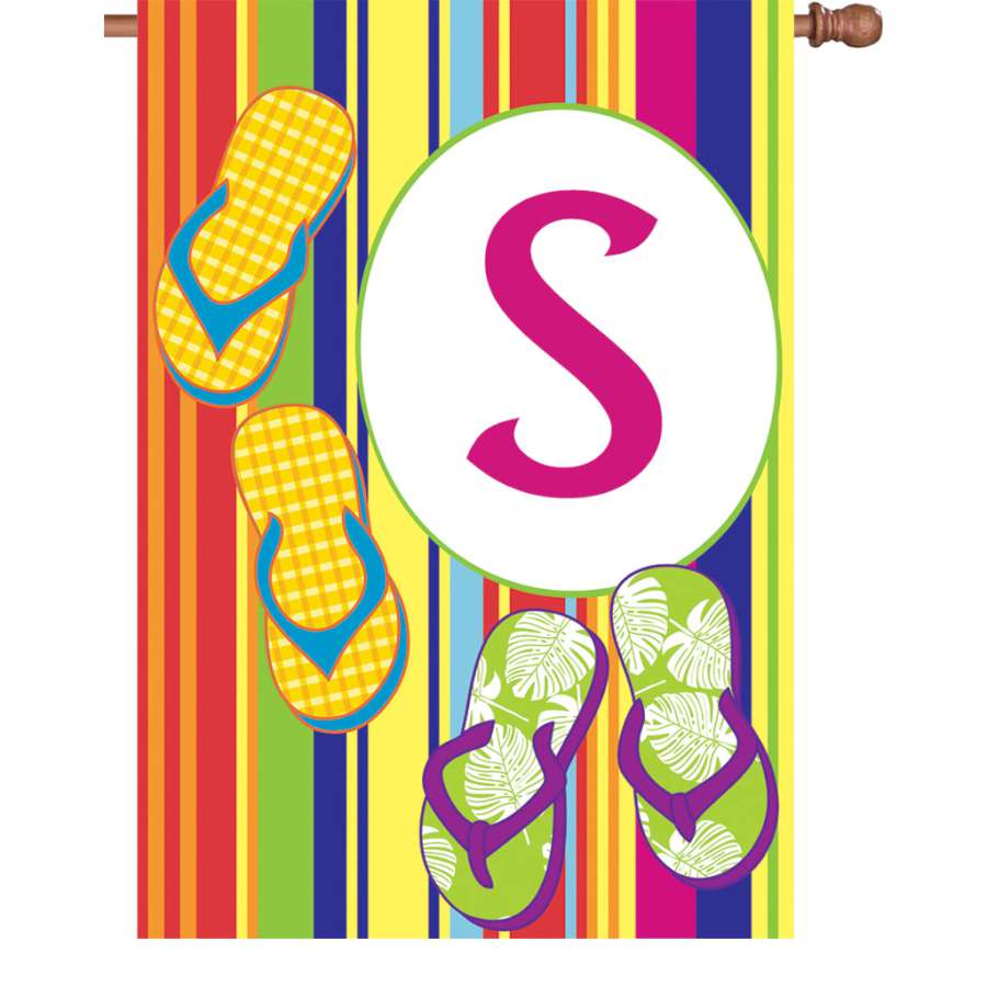 28 in. Summer Monogram Flag - S featuring a vibrant design with an elegant 'S' initial displayed in a garden setting.