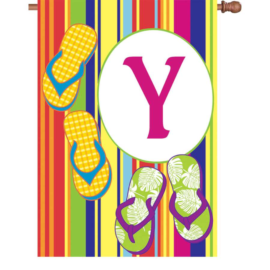 28 in. Summer Monogram Flag - Y displayed on a flagpole with vibrant colors and monogram design in a sunny garden setting.