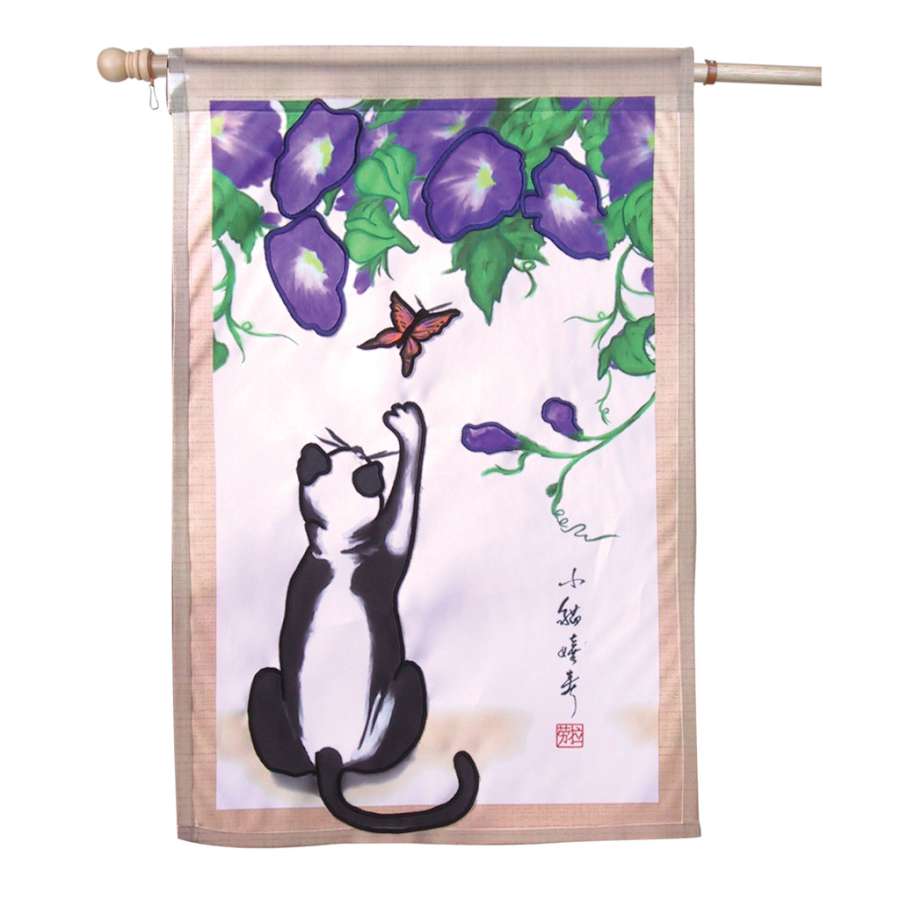 28 in. Temptation flag featuring a colorful cat design displayed on an outdoor flagpole, enhancing garden aesthetics.