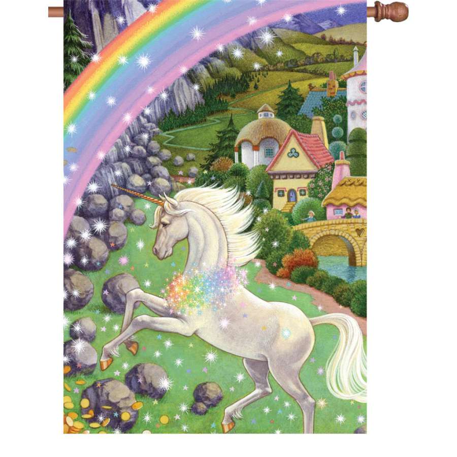 28 in. illuminated Unicorn Flag displayed outside with a colorful unicorn design on fade-resistant polyester fabric.