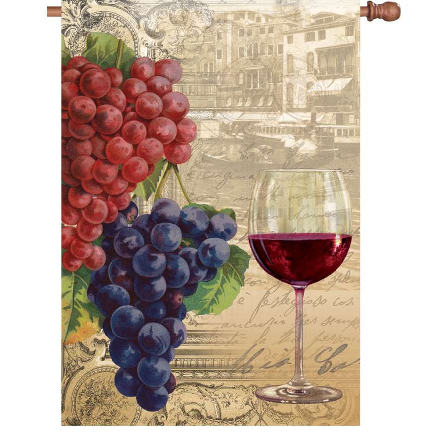 28 inch Vintage Wine Flag showcasing a wine bottle and glass design illuminated for added charm in an outdoor setting.