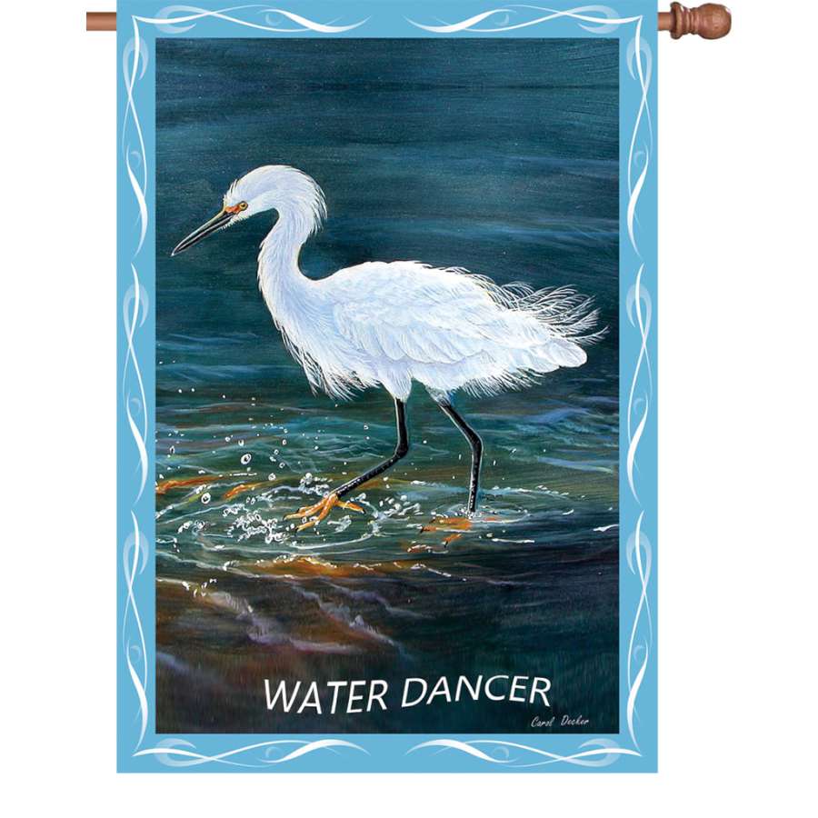 28 in. Water Dancer flag made with PremierSoft fabric, showcasing a graceful dancer design in vibrant colors displayed on a flagpole in a garden setting.