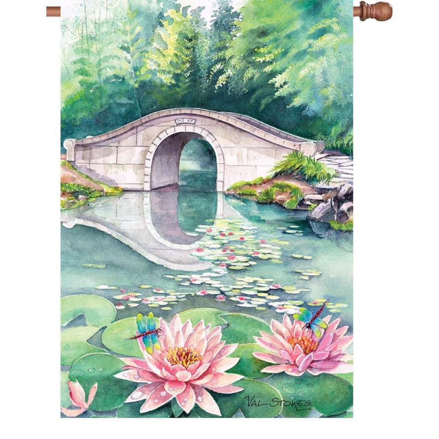 28 in. illuminated Waterlilly Garden Flag displays vibrant floral design against a backdrop of greenery, perfect for outdoor decoration.