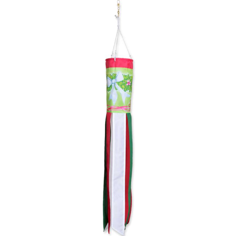 28 in. Windsock featuring a Shamrock Wreath design with vibrant green colors, fluttering in a gentle breeze outdoors.