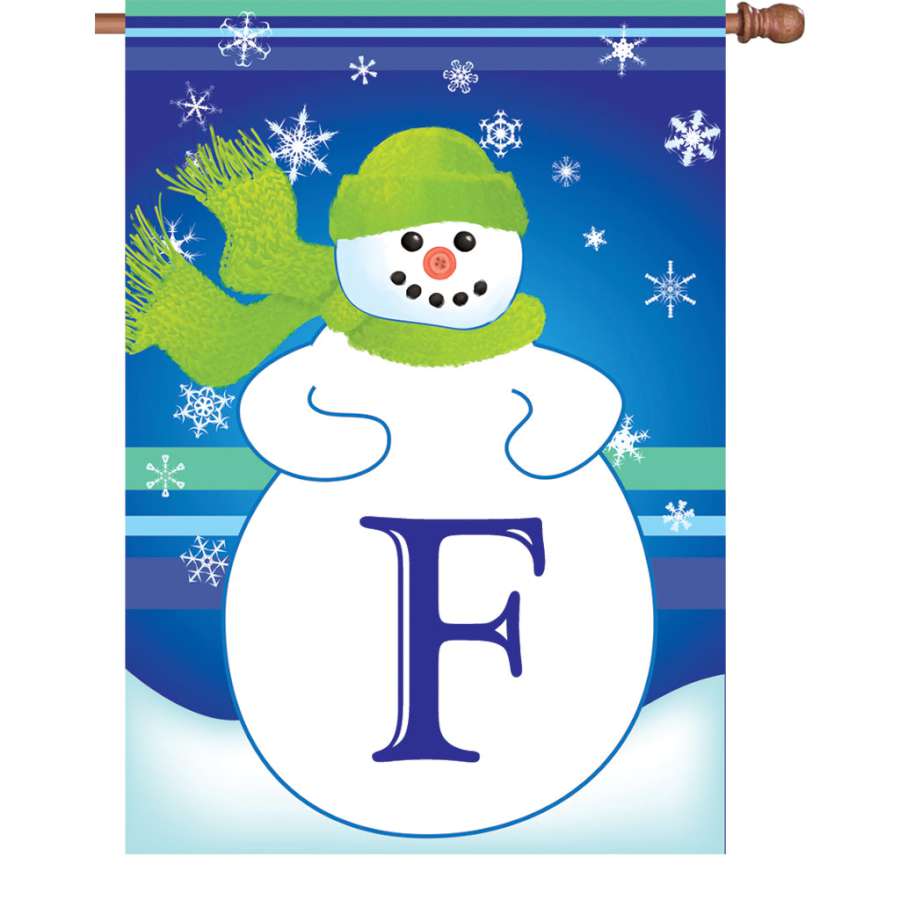 28 in. Winter Monogram Flag - F displayed against a winter backdrop, showcasing vibrant colors and personalized monogram design in an outdoor setting.