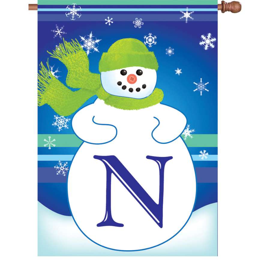 28 in. Winter Monogram Flag - N displayed on a flagpole, featuring an elegant monogram design against a winter background.