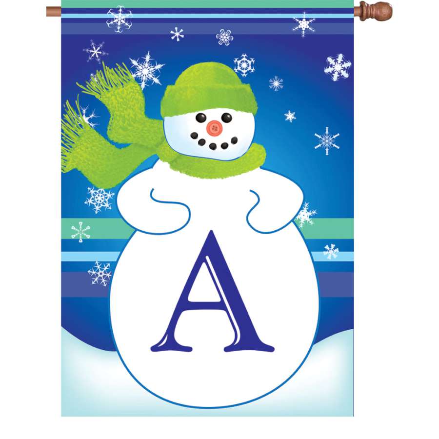 28 in. Winter Monogram Flag featuring an elegant personalized initial displayed outdoors, showcasing vibrant colors and top-stitch detailing.