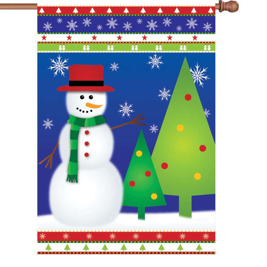 28 in. Winter Wonderland flag displaying a colorful Seasons Greetings message in a winter scene, positioned on a decorative flagpole in a festive garden setting.