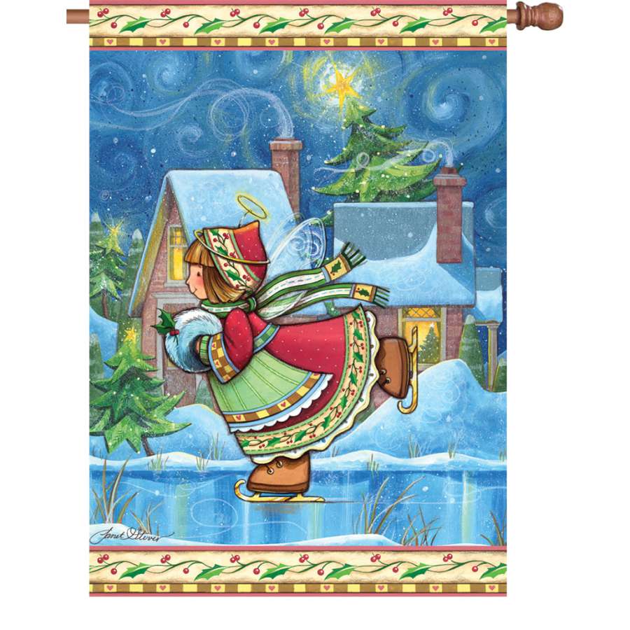28 in. Winter Wonders Angel flag displaying a beautiful illuminated angel design, fluttering gracefully in an outdoor winter setting.