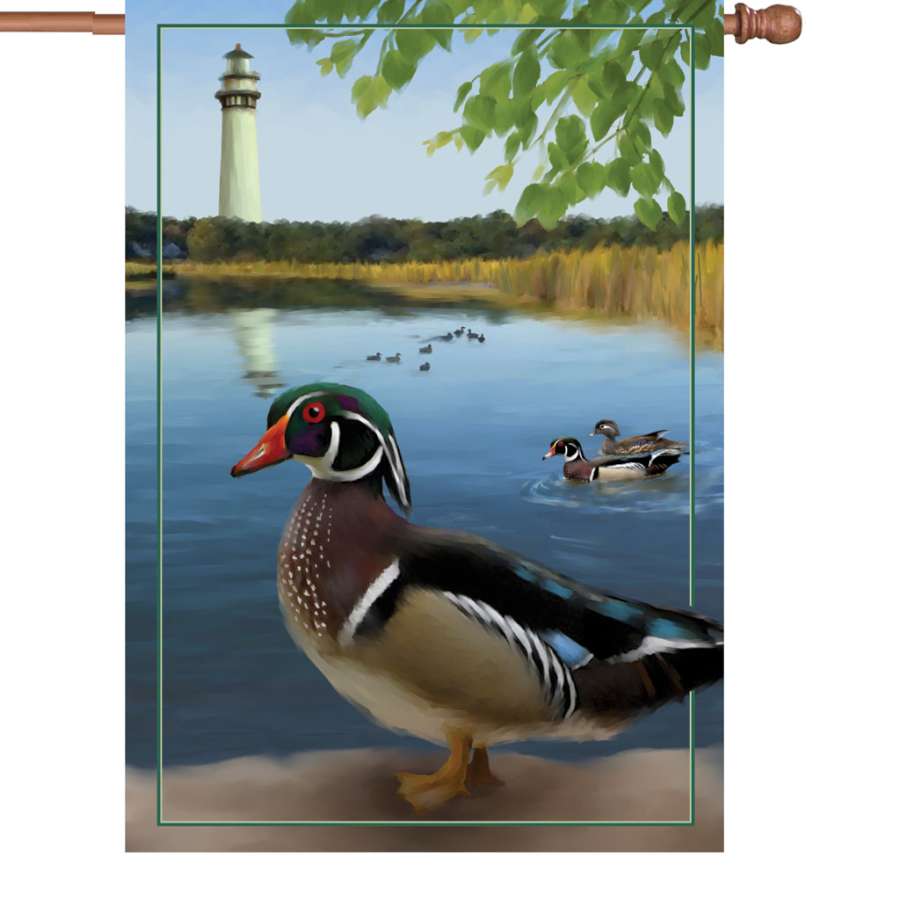 28 in. illuminated Wood Ducks flag displaying vibrant birds against a natural backdrop, perfect for gardens and patios, enhancing outdoor decor.