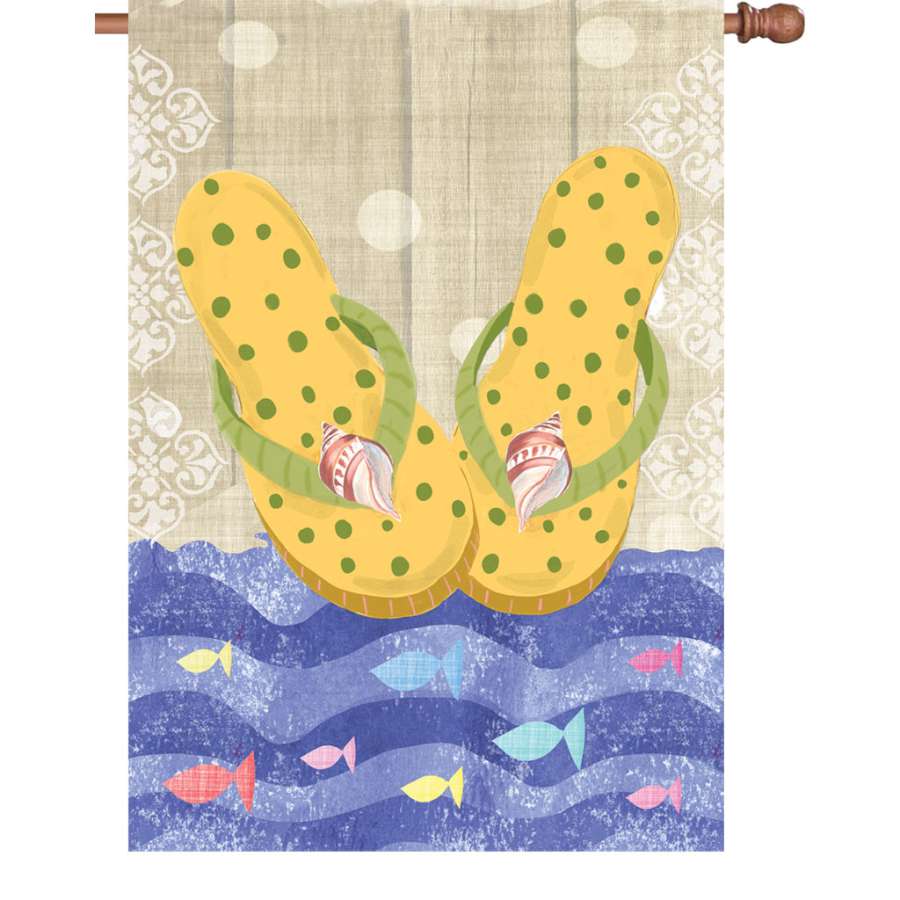28 in. Yellow Flip Flops Flag featuring a colorful flip flop design displayed on a flagpole in an outdoor setting.