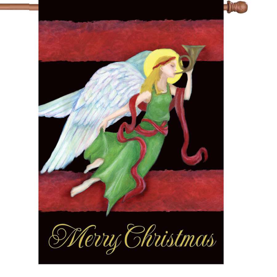 28 in. Yuletide Angel illuminated flag featuring Merry Christmas design displayed outdoors, glowing warmly in a winter setting.