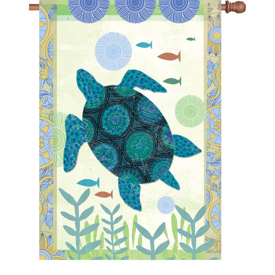 28-inch Blue Turtle flag made of fade-resistant polyester displayed outdoors, featuring vibrant colors and illuminated design.